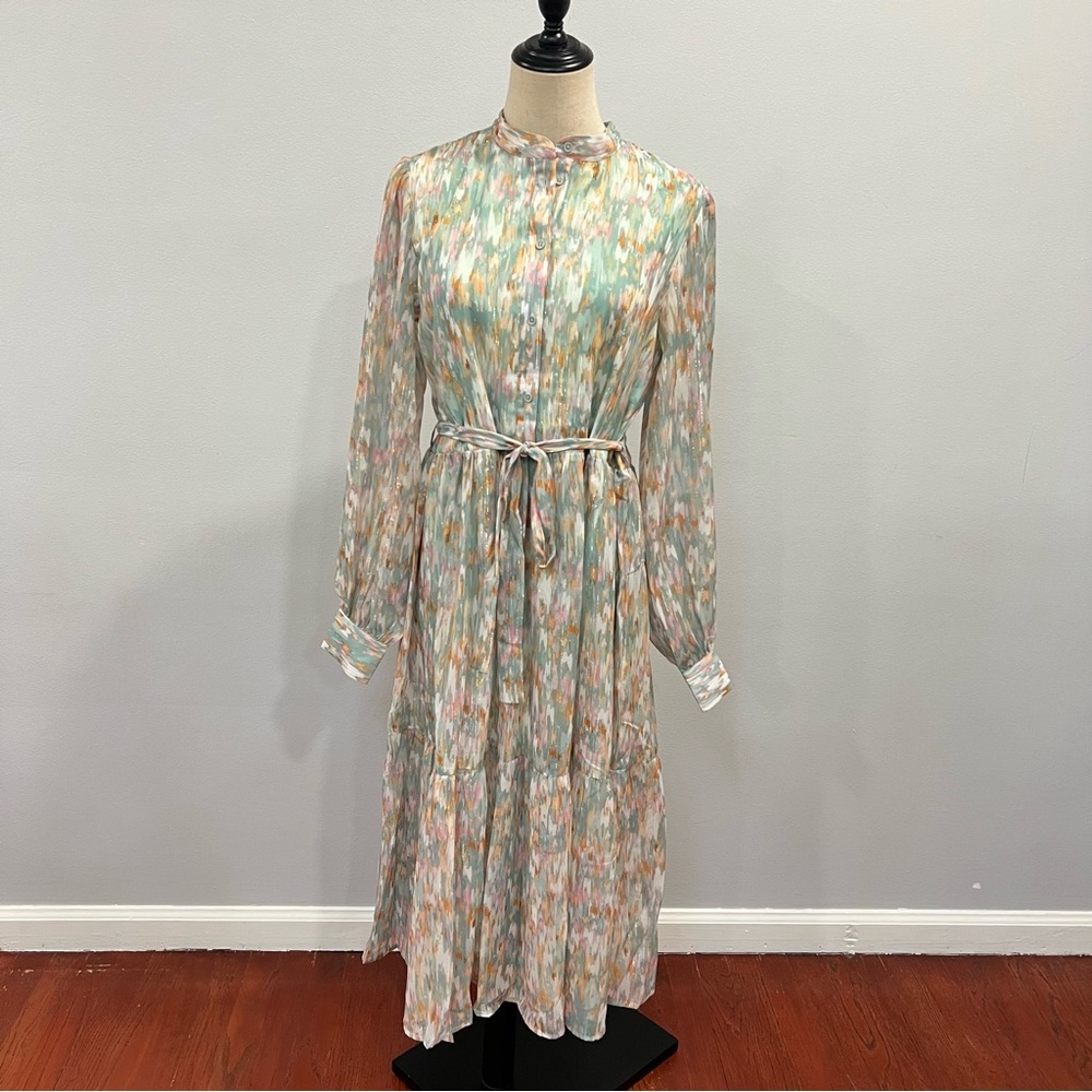 Spring + Mercer Water Paint Color Pattern W/ Metallic Threads Long Sleeve Dress